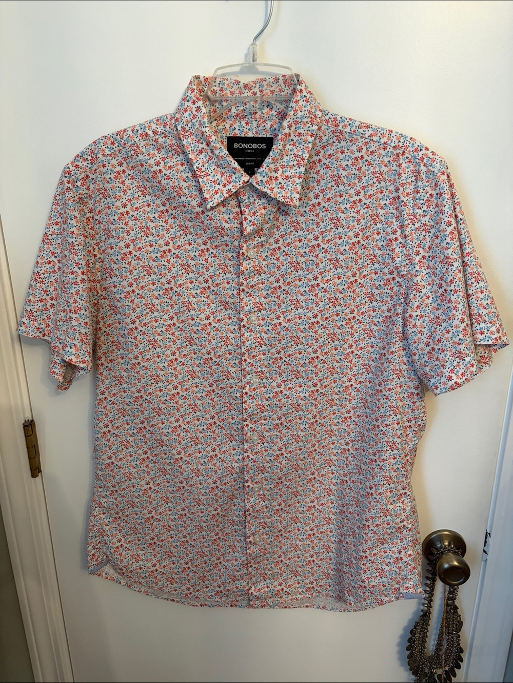 Bonobos Short Sleeve Floral Button-Down Shirt - White with Red and Blue Flowers